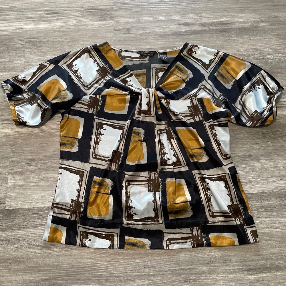NY & Co Abstract Print Blouse Satin Geometric Women's Top Neutral Tones Size M